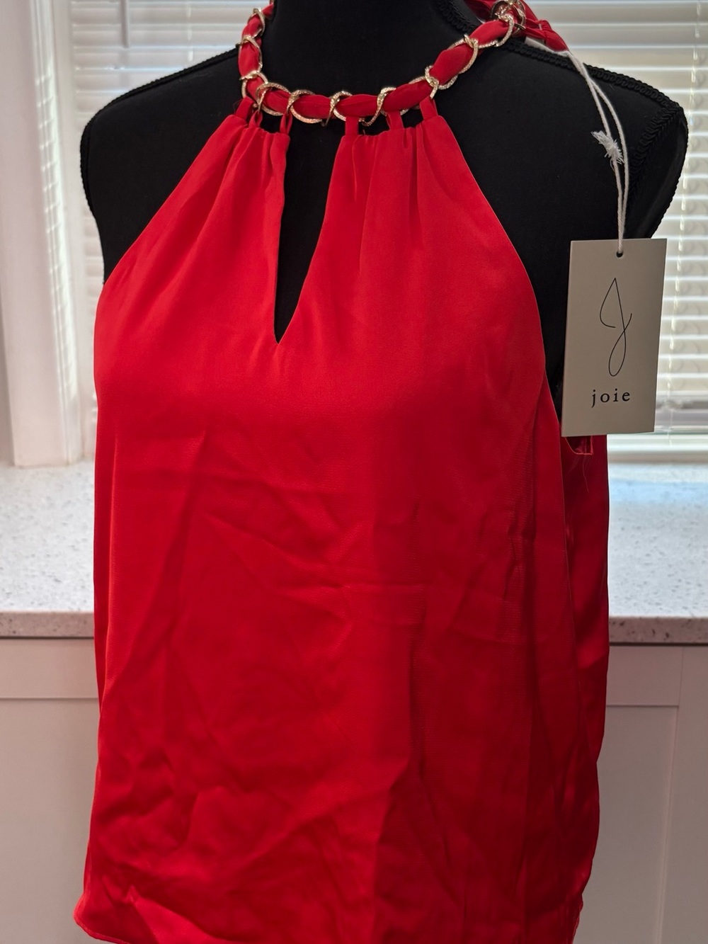 NWT Joie Red Flowy Halter Top with Gold Chain Detail